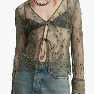 Mango Blusa Jenner Beaded Embroidered Top (Green Olive) Size: Medium